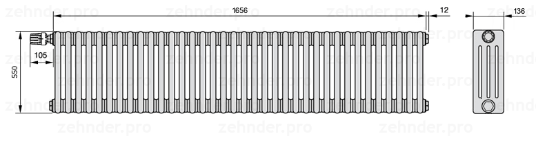 Схема (чертеж) Радиатор Zehnder Charleston 4055/36 №V012 Белый глянцевый RAL 9016